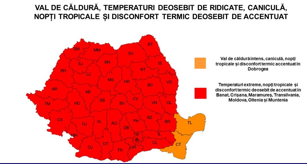 Codul roșu de caniculă se extinde: temperaturi de până la 41°C și nopți tropicale în mare parte din țară