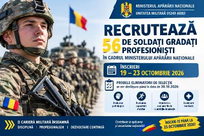 MApN recrutează 56 de soldați gradați profesioniști la Arad. Înscrierile au loc între 19 și 23 octombrie